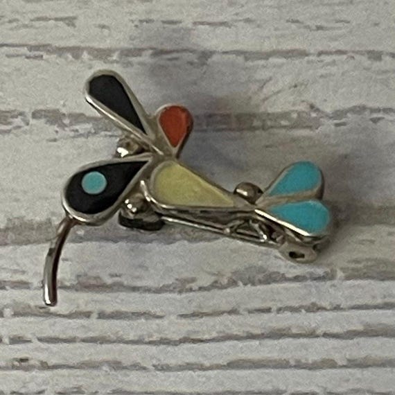 Zuni Hummingbird Multi-Gemstone Inlay Silver Broo… - image 1