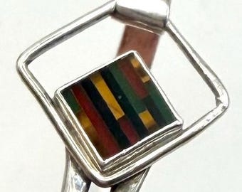 Vintage Sterling Silver Multicolor Inlay Cuff Bracelet – Geometric Square Design – Southwestern Style
