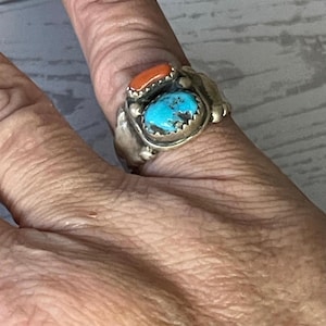 Vintage Navajo style Turquoise and Coral Silver Ring, size 8 3/4