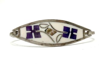 Vintage Alpaca Mexico Purple Floral Hinged Bracelet Silver Tone 6.25 inches