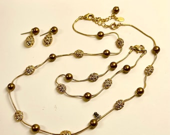 Vintage Monet Gold Tone Crystal Jewelry Set Necklace Bracelet Earrings