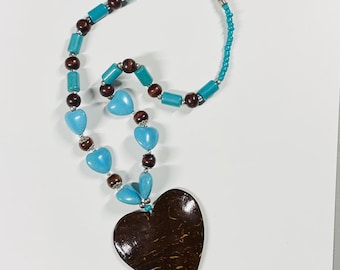 Vintage blue heart pendant necklace, coconut shell and dyed Howlite