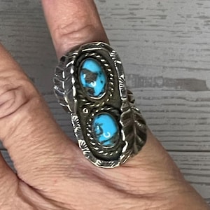 Beautiful Vintage old pawn double turquoise sterling silver leaf ring, size 6.5