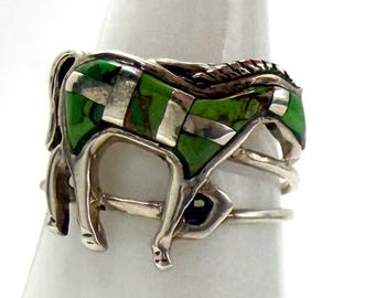 Vintage Equestrian Turquoise Inlay Ring Green Mohave Turquoise Horse size 8