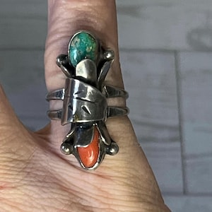 Vintage Squash Blossom Turquoise and Coral Silver Ring, size 7