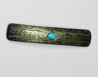 Vintage Hand-Stamped Southwest Sterling Silver and Turquoise Hair Clip