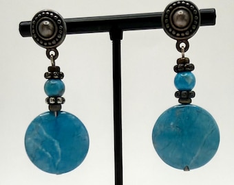 Vintage Y2K Blue Agate Post Earrings Bronze Boho Tribal Dangle