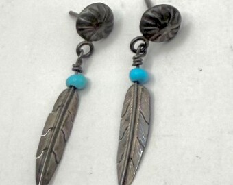 Vintage Sterling Silver Feather Earrings Southwestern no backs