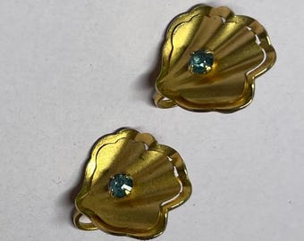 Bungee & Niles Gold Tone Sea Shell Screwback Earrings with Blue Rhinestone