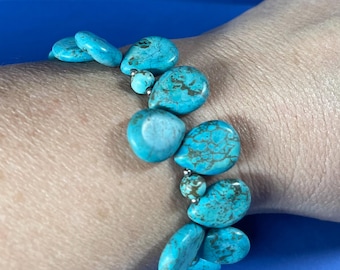 Vintage Turquoise Teardrop Bead Bracelet, 7.5” stretch cord