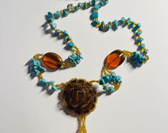 Vintage Turquoise and Glass Flower Statement Necklace, 27”