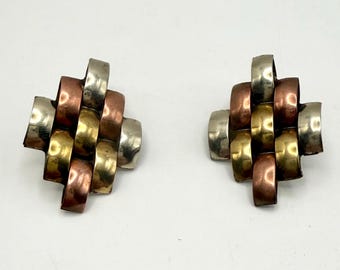 Vintage Mexico Metals Earrings Copper Brass Silver Tone Woven-look