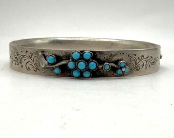 Vintage Turquoise Floral Sterling Silver Hinged Bracelet 6.5 inch Hand Crafted Sothwest Style
