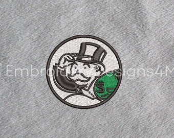 Mr Monopoly Man Running With Bag Of Money Cash Circle Embroidery Design