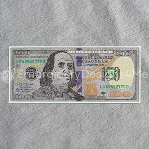 May include: A close-up of a $100 bill featuring a portrait of Benjamin Franklin. The bill is embroidered with green, purple and yellow thread. The bill has the text "ONE HUNDRED DOLLARS" and "FEDERAL RESERVE NOTE" printed on it.