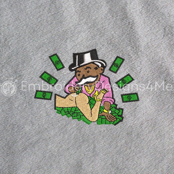 Mr Monopoly Man Sniffing Money Bills Embroidery Design