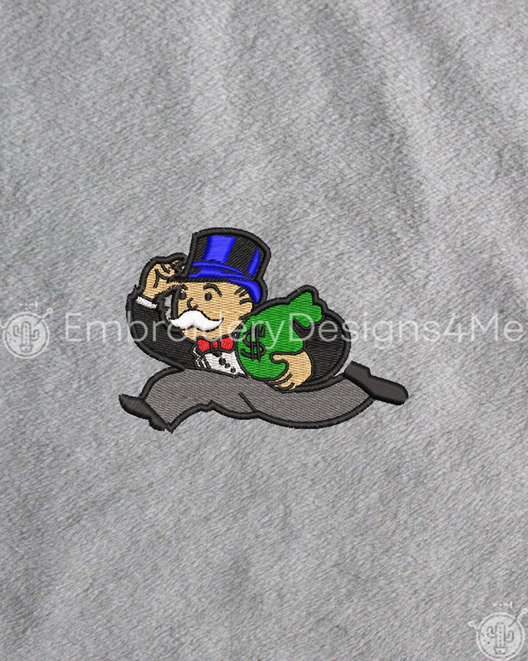 Mr Monopoly Man Running With Bag of Money Cash Embroidery