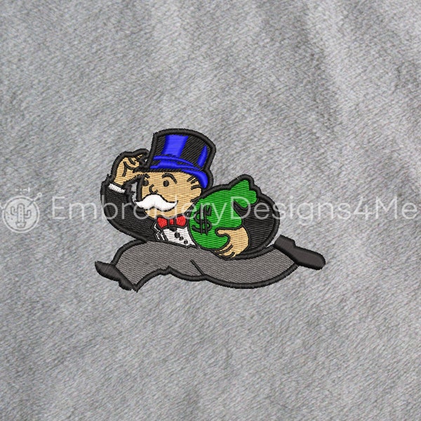 Mr Monopoly Man Running With Bag Of Money Cash Embroidery Design