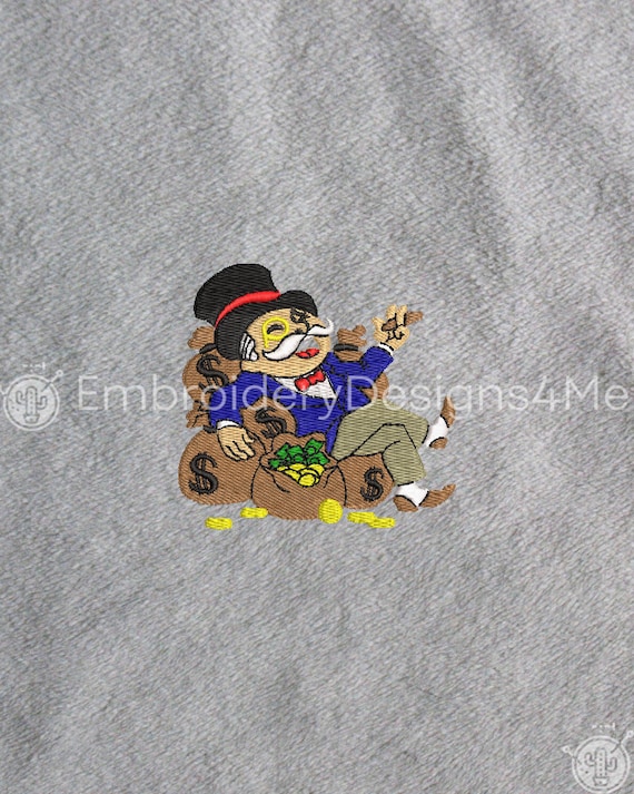 Mr Monopoly Man Smoking Cuban Cigar Blue Suit Sitting On Money Embroidery  Design