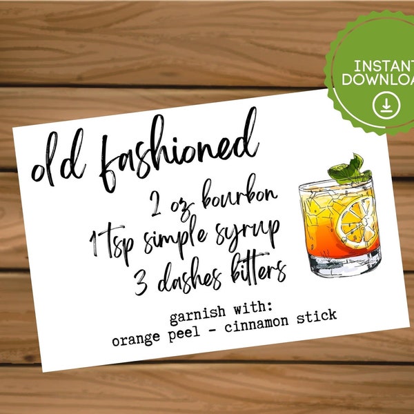 Old Fashion Recipe Card | Digital Old Fashioned | Instant Download Old Fashion | Old Fashion Gift Tag | Old Fashion Print | Cocktail Recipe