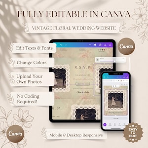 May include: A digital template for a vintage floral wedding website, fully editable in Canva. The interface displays R.S.V.P. sections with lace-bordered photo frames on a tablet and smartphone screen, featuring text options for editing.
