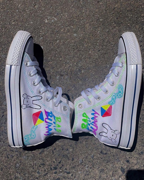 Bad Bunny Valentines Day Rainbow Heart Portrait Custom Low Top Converse  White: LIMITED TIME ONLY - Custom Converse Shoes