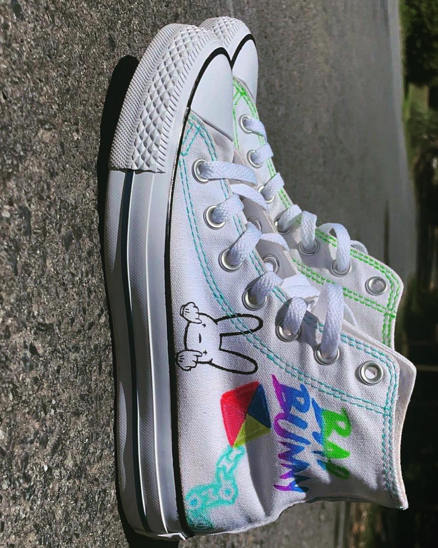 Bad Bunny Valentines Day Rainbow Heart Portrait Custom Low Top Converse  White: LIMITED TIME ONLY - Custom Converse Shoes