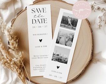May include: Two white wedding announcement cards with black text. One card reads "SAVE THE DATE" and includes the date "20.08.27" and names "LUISE & TOM". The other card has three black and white photos and the same date and names.