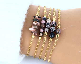 Bracelet Rhodonite, Bracelet perle pierre naturelle, Bracelet chaine fine inoxydable or, Bracelet femme, Bijoux Pierre FRANCE