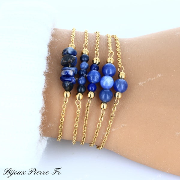 Bracelet Sodalite, Bracelet perle pierre naturelle, Bracelet chaine fine inoxydable or, Bracelet femme, Bijoux Pierre FRANCE