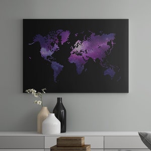 Impresión de mapa del mundo punteado / Descarga de Purple Galaxy Globe / Arte de Atlas Mágico de Fantasía / Lienzo Colorido Oscuro Cósmico / Póster de bricolaje de viaje RGB Glow