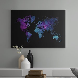 Impresión de mapa del mundo punteado / Descarga de Blue Galaxy Globe / Arte de Atlas Mágico de Fantasía / Lienzo Colorido Oscuro Cósmico / Póster de bricolaje de viaje RGB Glow