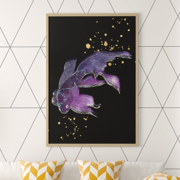 Butterfly Koi Fish Print / Fantasy Magic Animal Download /Galaxy Gold Speckle Splatter Art /Cosmic Dark Colorful Canvas /RGB Glow DIY Poster