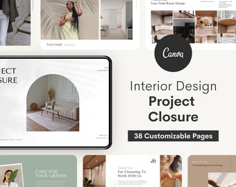 May include: A Canva template for interior design project closure. The template includes 38 customizable pages with a modern design aesthetic. The pages feature images of interior design projects, text boxes for project details, and a thank you message to clients.