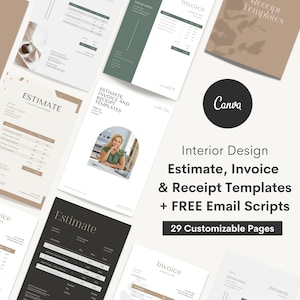 Interior Design Invoice, Receipt, Estimate Sales Canva Templates + Email Scripts - Business Productivity - Online Interior Design Ascetic