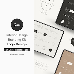May include: A digital mockup of a branding kit for interior designers. The kit includes 21 customizable logos in white, black, and color. The logos feature various designs, including initials, floral elements, and geometric shapes. The text "Mieleous Interiors" is displayed on the screen.