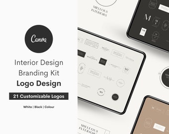 May include: A digital mockup of a branding kit for interior designers. The kit includes 21 customizable logos in white, black, and color. The logos feature various designs, including initials, floral elements, and geometric shapes. The text "Mieleous Interiors" is displayed on the screen.