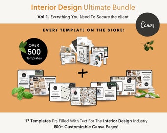 Puede incluir: Un paquete de marketing digital para diseñadores de interiores con más de 500 plantillas de Canva personalizables. El paquete incluye 17 plantillas pre-rellenadas con texto para la industria del diseño de interiores. La imagen muestra una variedad de plantillas, que incluyen tarjetas de presentación, mood boards, cuestionarios para clientes y publicaciones en redes sociales.
