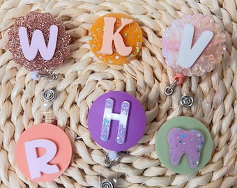 Cute ROUND Badge Reel for Nurse, Badge Reel with Initial, Trendy Badge Clip for Nurses or Teachers,  Retractable Badge Reel