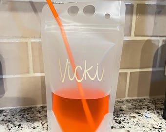 Personalized Drink Pouches for Girls Night Out, Clear Customizable Drink pouches for Bridal Shower, Birthdays, Baby Shower, Holiday Parties