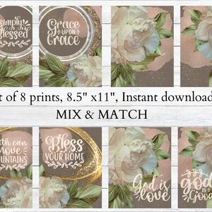 Puede incluir: Conjunto de ocho impresiones de arte imprimibles de 8,5 x 11 pulgadas con citas inspiradoras y diseños florales. Las impresiones presentan citas como "Simply Blessed", "Grace Upon Grace", "Faith Can Move Mountains", "Bless Your Home", "God Is Love" y "God Is Good".