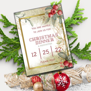 Invitación a la cena de Navidad, tarjeta de Navidad, tarjeta de 4 páginas, editable, imprimible, 5x7, descarga instantánea, tarjeta navideña, invitación de Navidad