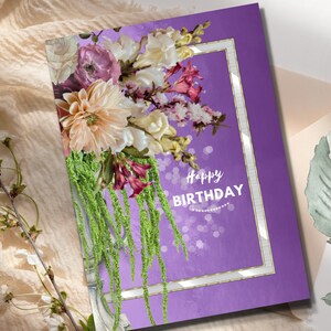 Birthday card for Her, Happy Birthday card, Printable Birthday card for women, Birthday Card, Purple Birthday card, Floral Birthday card,