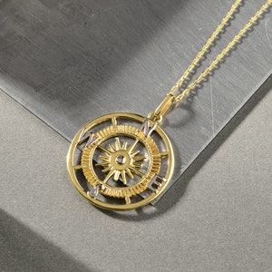 14K Gold Compass Necklace, Travel Necklace, Graduation Gift, Coordinates Necklace, Compass Pendant Necklace, Gold Compass Charm image 1