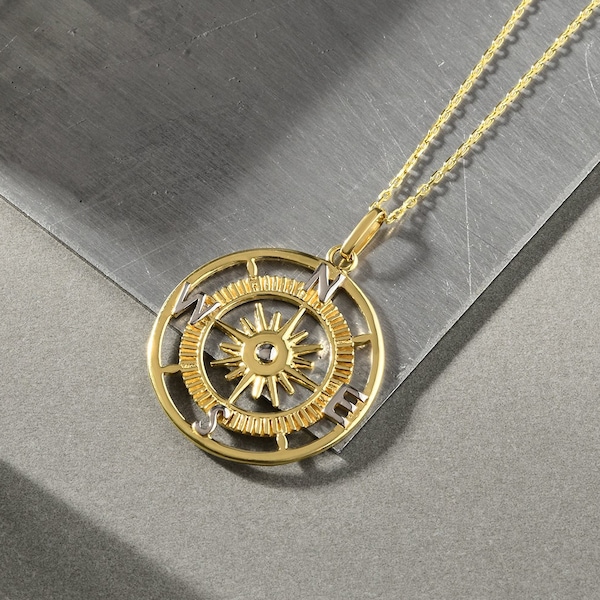 14K Gold Compass Necklace, Travel Necklace, Graduation Gift, Coordinates Necklace, Compass Pendant Necklace, Gold Compass Charm