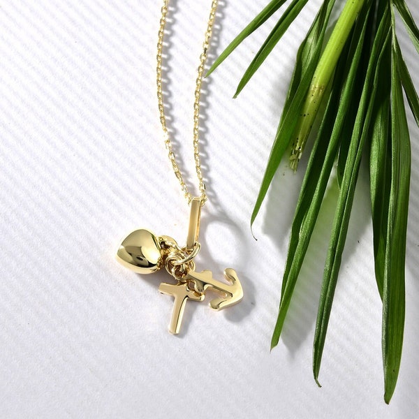 Faith Hope Love Necklace in 14K Solid Gold for Women, Dainty Minimal Faith Hope and Love with Cross Charm Pendant Necklace, Hypoallergenic