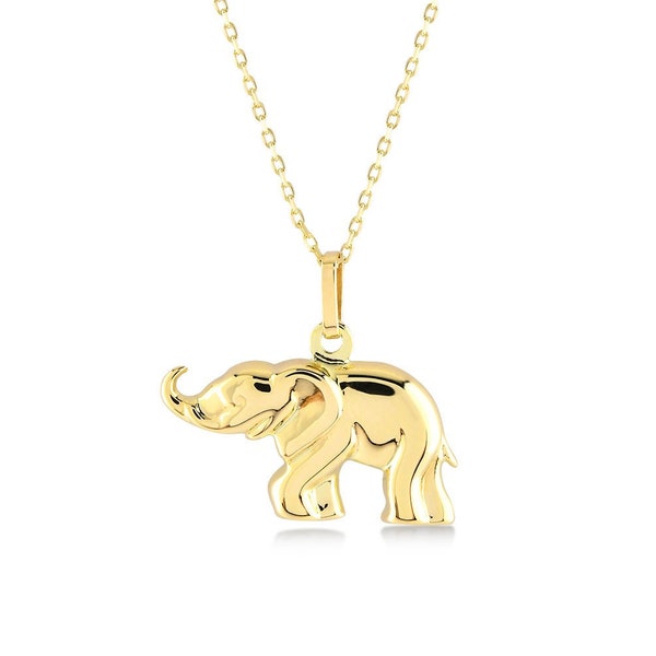 14K Solid Gold Elephant Necklace, Good Luck Charm, Gold Tiny Elephant Pendant Minimalist Animal Good Fortune Necklace, Wealthy Symbol