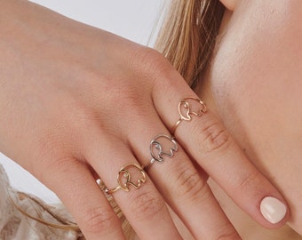 Elephant Ring in 14K Gold, Yellow - White - Rose Gold, 14K Real Gold Ring for Women and Girls with Diamond, Dainty Gold Minimal Animal Ring