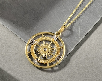 14K Gold Compass Necklace, Travel Necklace, Graduation Gift, Coordinates Necklace, Compass Pendant Necklace, Gold Compass Charm