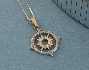 14K Solid Gold North Star and Compass Graduation Necklace, Real Gold Celestial Star Sky Charm, Starburst Charm